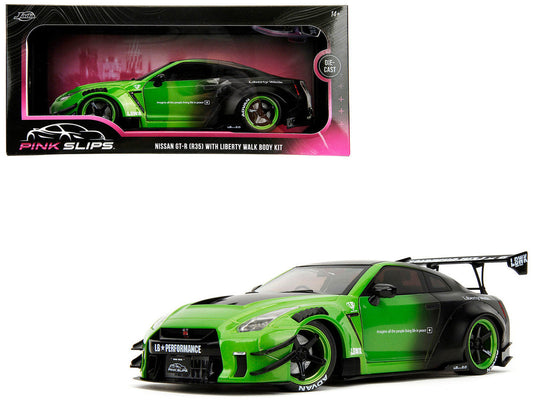 Nissan GT-R (R35) Liberty Walk Body Kit 2.0 RHD (Right Hand Drive) Green and Matt Black "Pink Slips" Series 1/18 Diecast Model Car by Jada LuxuryLifeWay Online Store