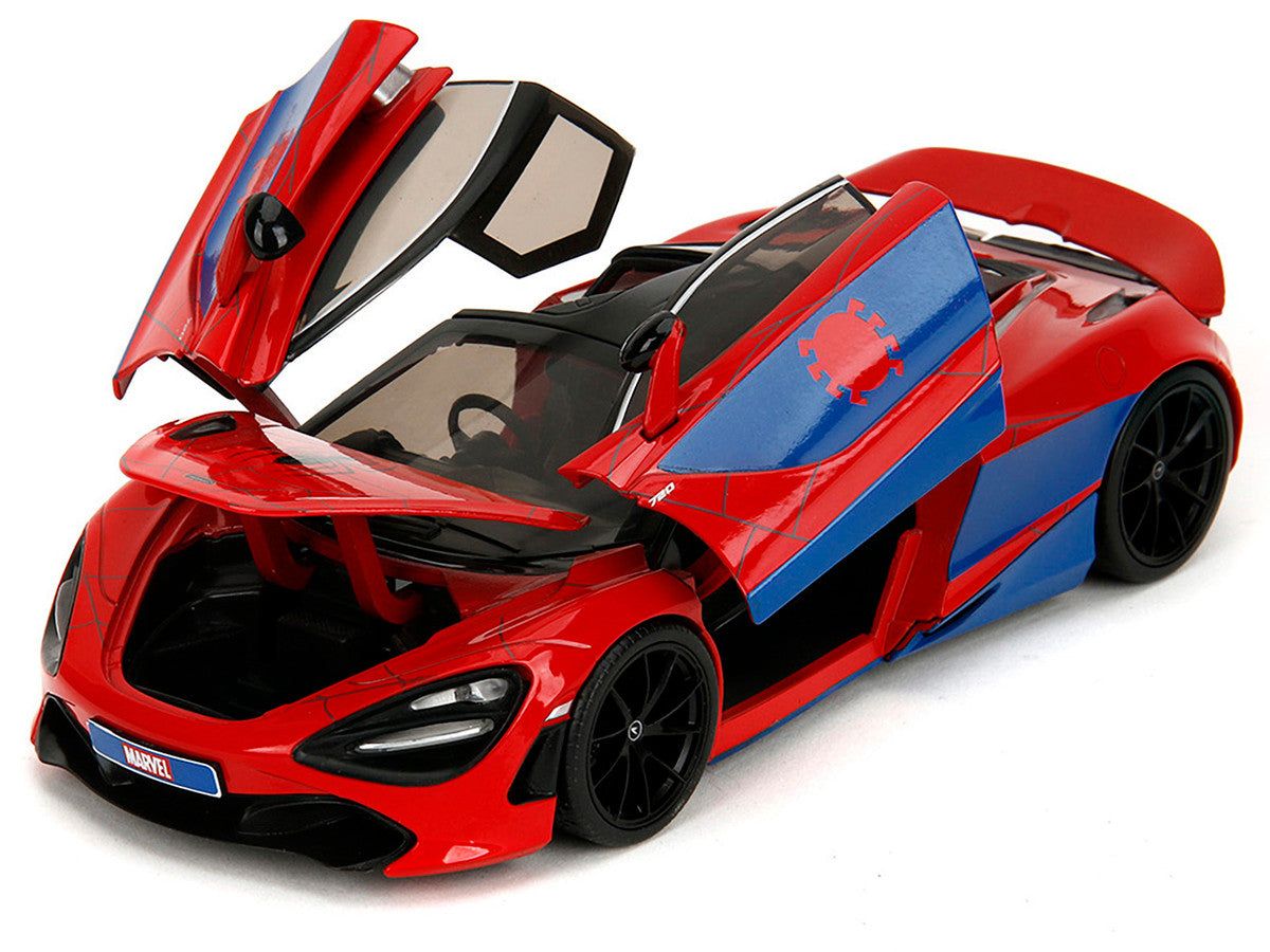 McLaren 720S Red and Blue with Black Top and Graphics and Spider-Man Diecast Figure "Marvel Spider-Man" "Hollywood Rides" Series 1/24 Diecast Model Car by Jada LuxuryLifeWay Online Store