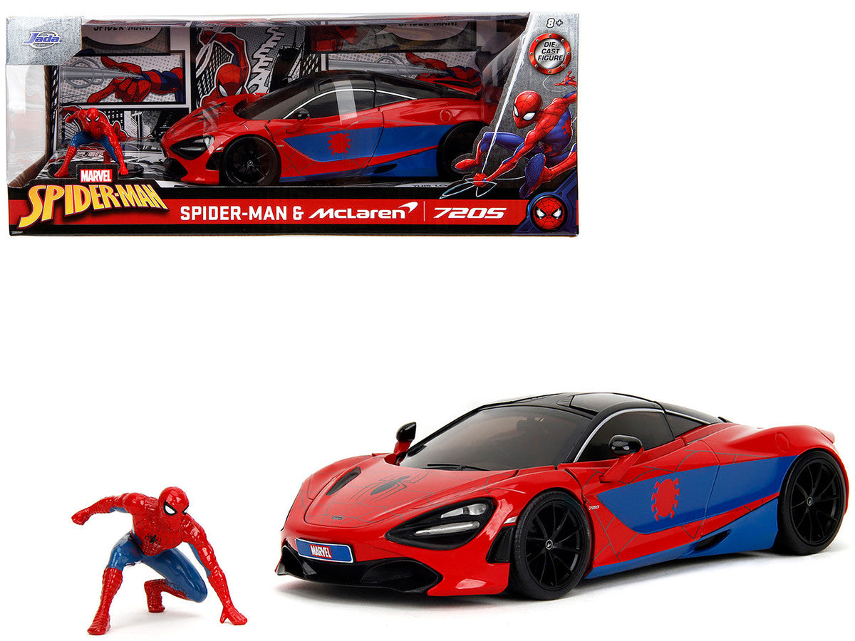McLaren 720S Red and Blue with Black Top and Graphics and Spider-Man Diecast Figure "Marvel Spider-Man" "Hollywood Rides" Series 1/24 Diecast Model Car by Jada LuxuryLifeWay Online Store