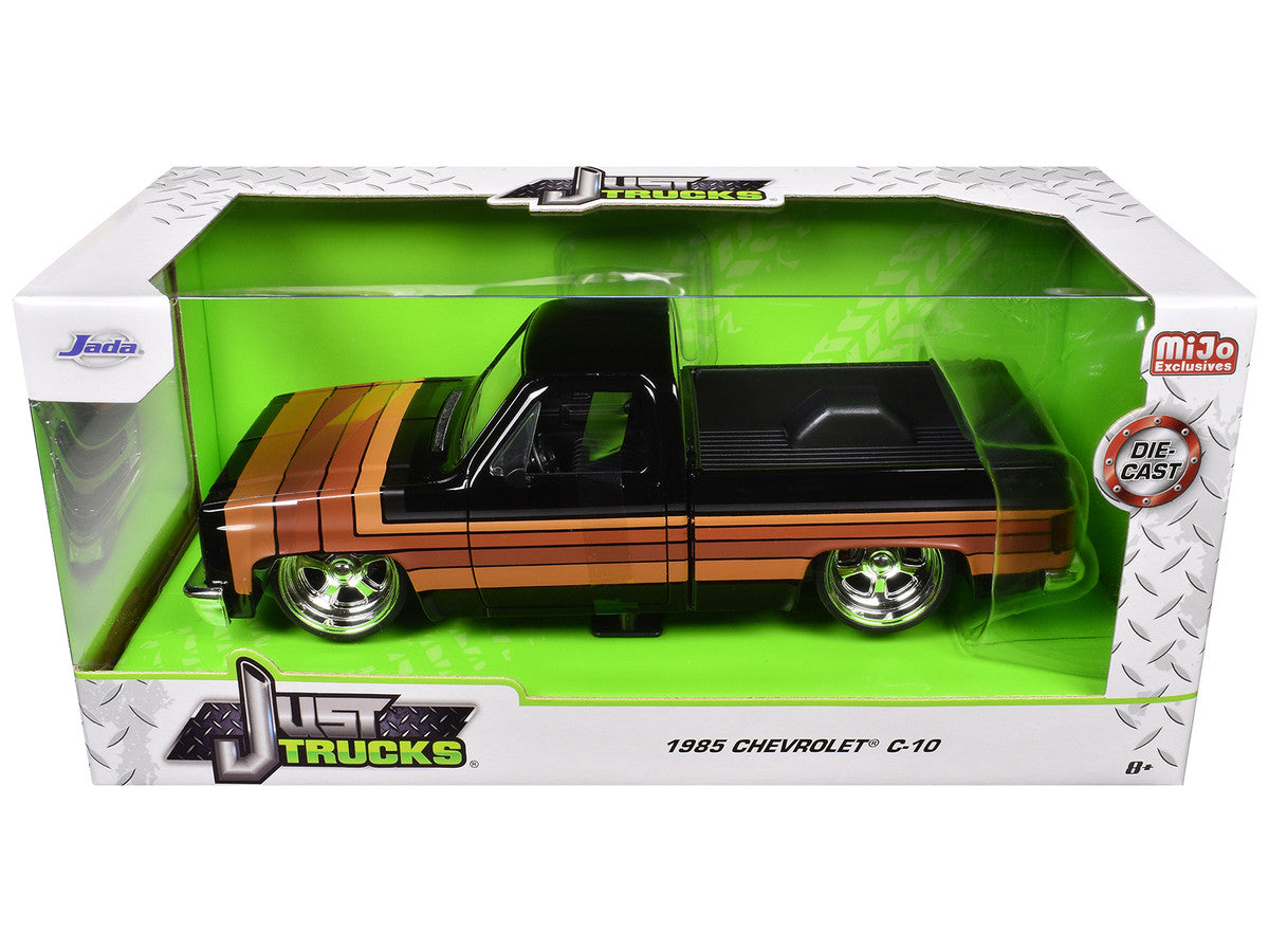 1985 Chevrolet C-10 Pickup Truck Black with Stripes and Paradox Wheels "Just Trucks" Series 1/24 Diecast Model Car by Jada LuxuryLifeWay Online Store