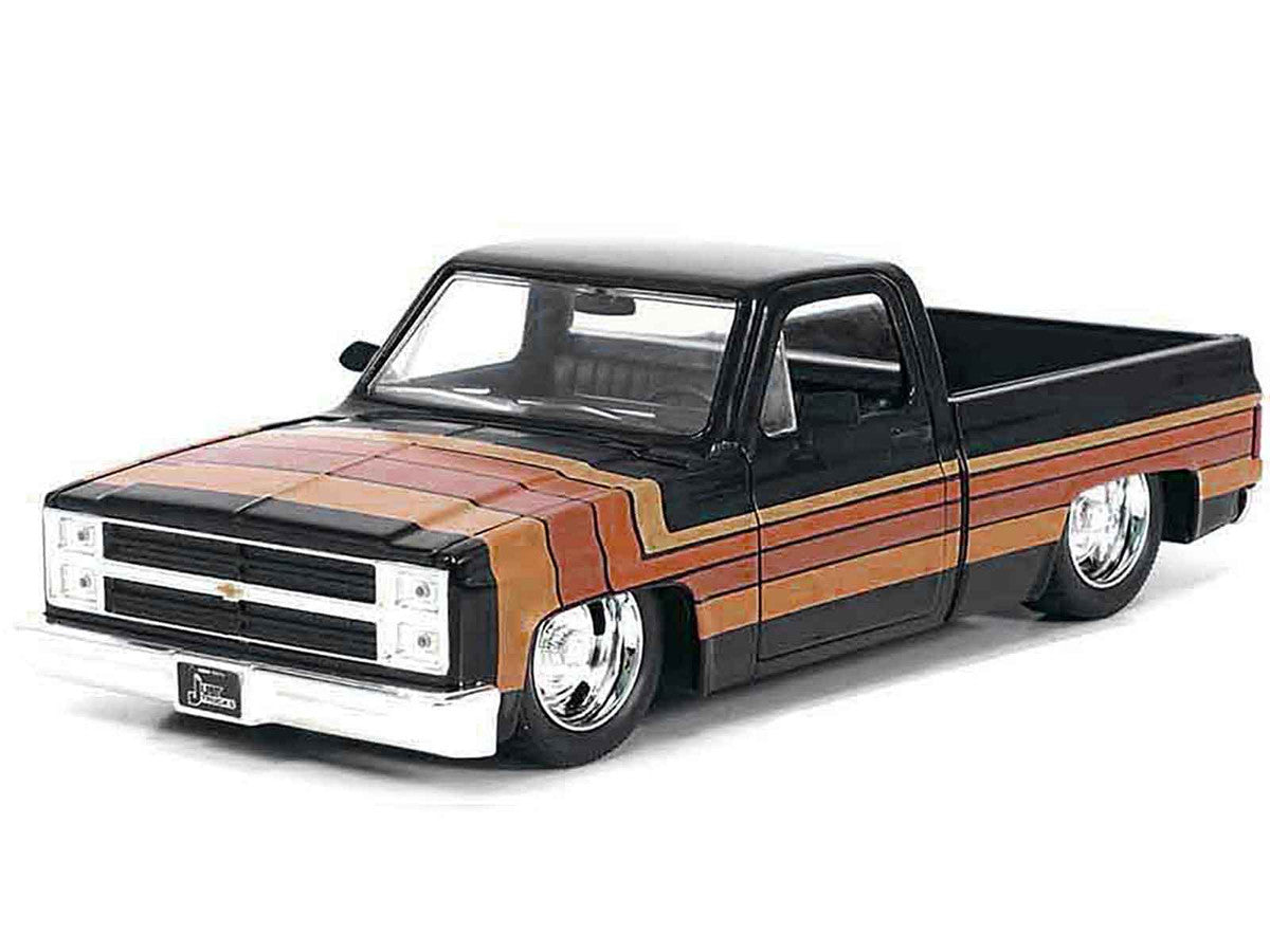 1985 Chevrolet C-10 Pickup Truck Black with Stripes and GM Rally Wheels "Just Trucks" Series 1/24 Diecast Model Car by Jada LuxuryLifeWay Online Store