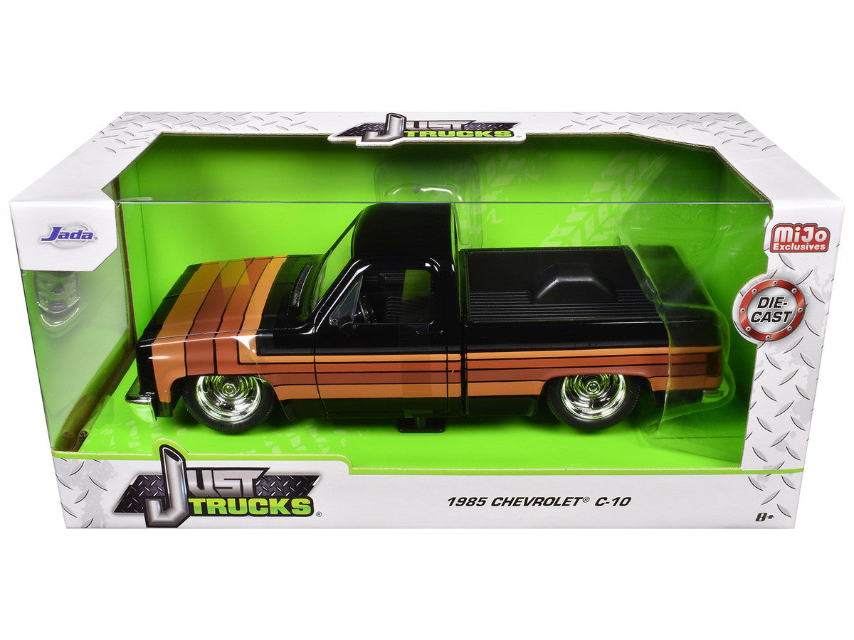 1985 Chevrolet C-10 Pickup Truck Black with Stripes and GM Rally Wheels "Just Trucks" Series 1/24 Diecast Model Car by Jada LuxuryLifeWay Online Store
