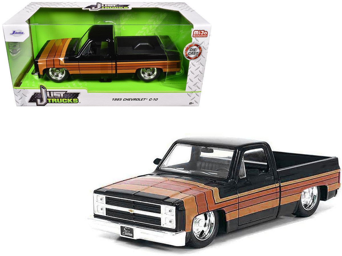 1985 Chevrolet C-10 Pickup Truck Black with Stripes and GM Rally Wheels "Just Trucks" Series 1/24 Diecast Model Car by Jada LuxuryLifeWay Online Store