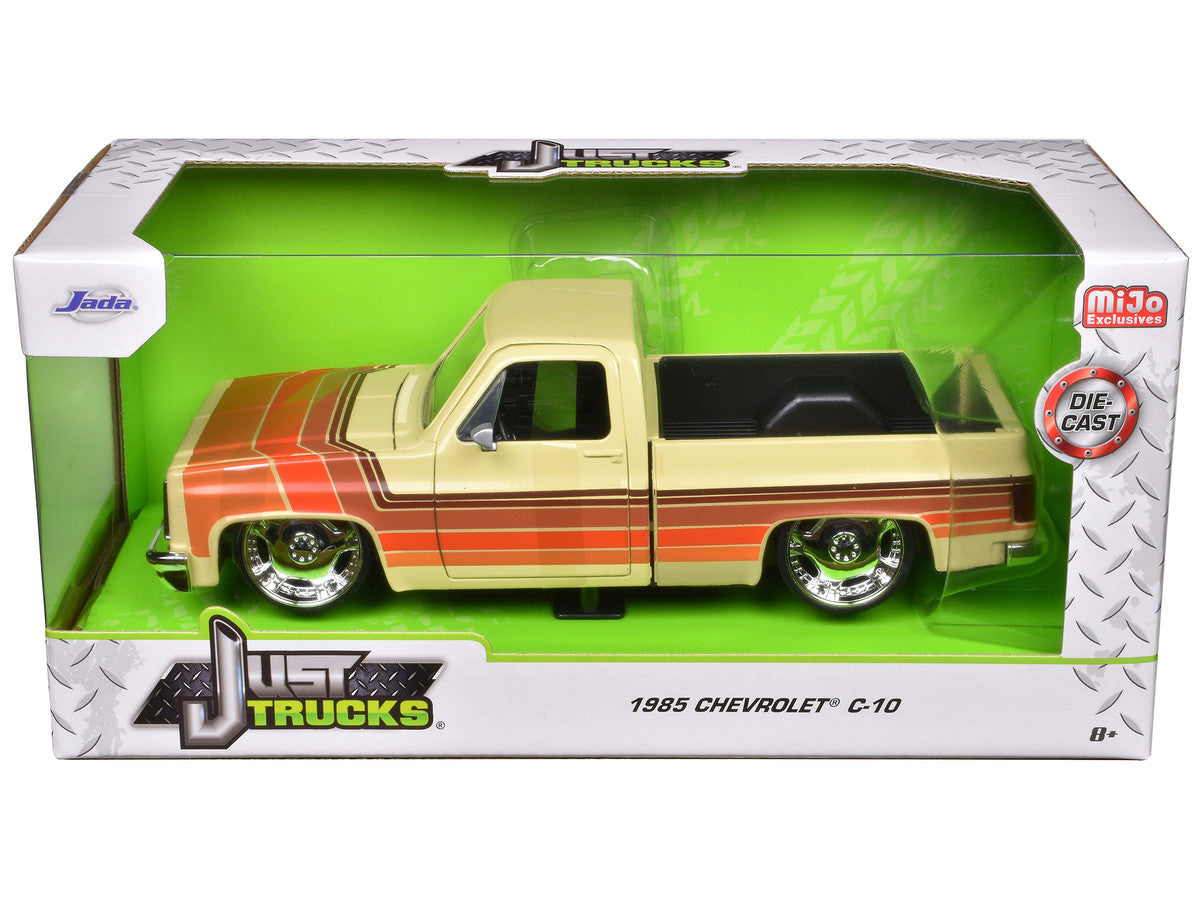 1985 Chevrolet C-10 Pickup Truck Beige with Stripes and Lowenhart Wheels "Just Trucks" Series 1/24 Diecast Model Car by Jada LuxuryLifeWay Online Store