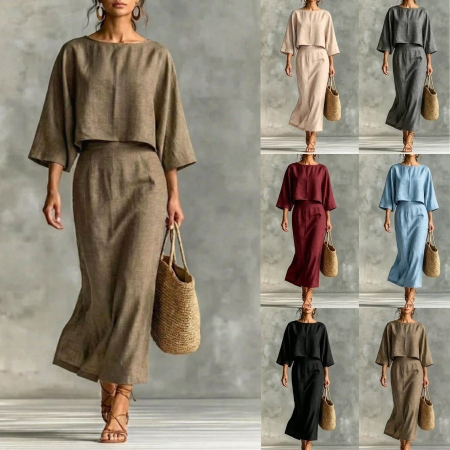 High Waisted Long Skirt Set With A Round Neck Three Quarter Sleeved Loose Fitting Womens Top NorixaFashion.com