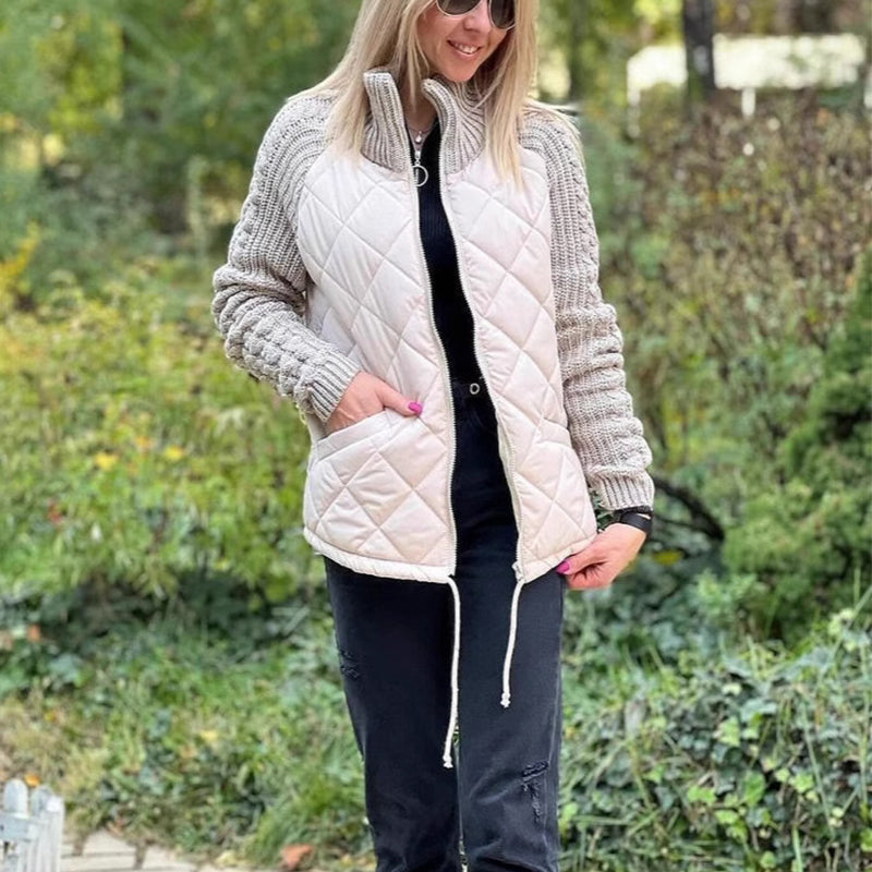 Winter Stand Collar Cotton Jacket With Pockets Fashion Knitted Stitching Zipper Coat Warm Tops For Women Clothing LadyShow.Store