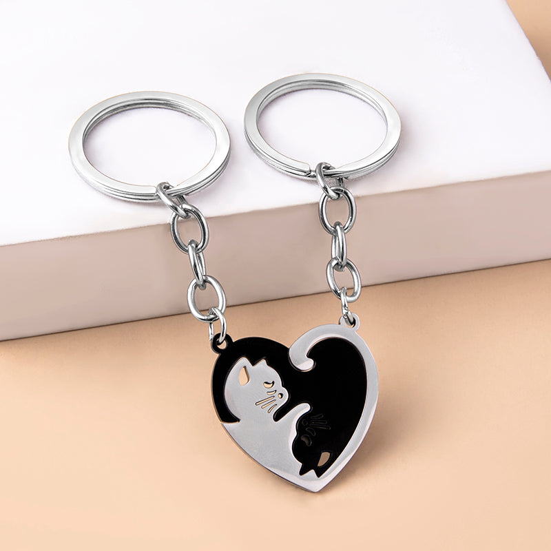 Love Heart Black White Cats Stainless Steel Couple Keychains LadyShow.Store