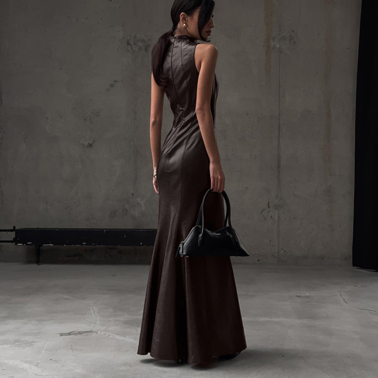 Stylish High-waisted Maxi Dress With Stand-up Collar NorixaFashion.com