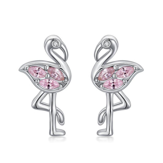 Pink Flamingo CZ Stud Earrings in White Gold Plated Sterling Silver LuxuryLifeWay Online Store