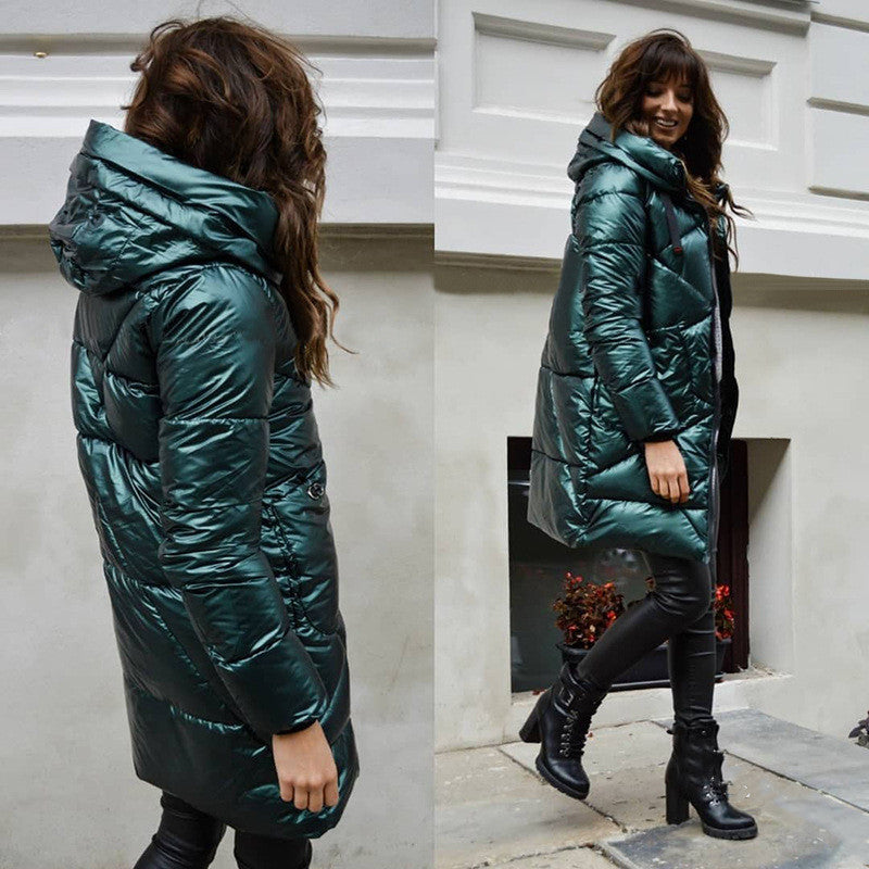 Women's Mid-length Solid Color Cotton Hooded Jacket Pi-Mart