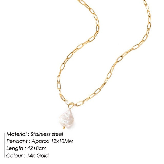 Rectangle Link Chain Pearl Necklace Pi-Mart