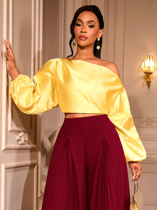 One Shoulder Balloon Puff Sleeve Cropped Blouse NorixaFashion.com