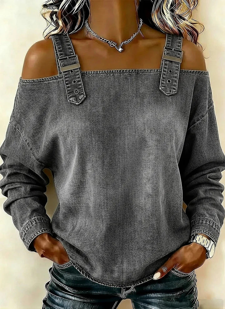 Halter-neck Off-shoulder Long-sleeve Top NorixaFashion.com