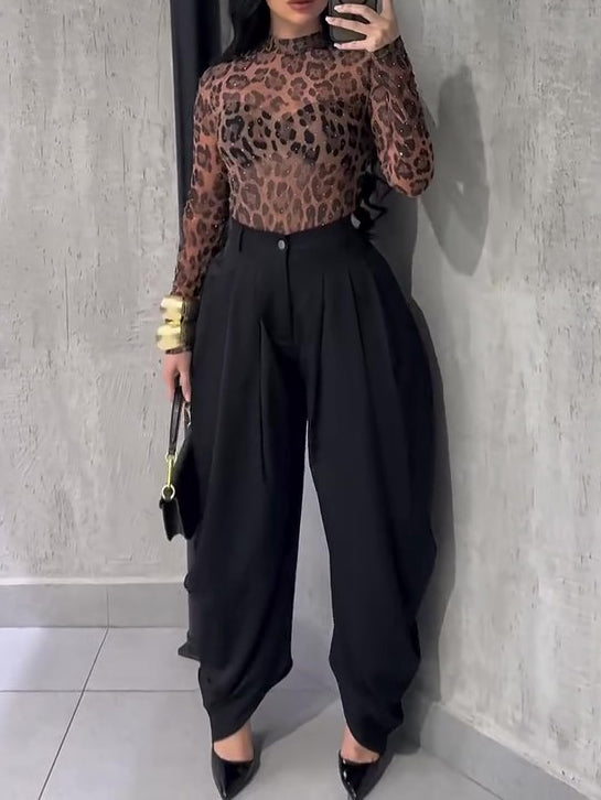Leopard Print High Neck Diamond Long Sleeve Top NorixaFashion.com
