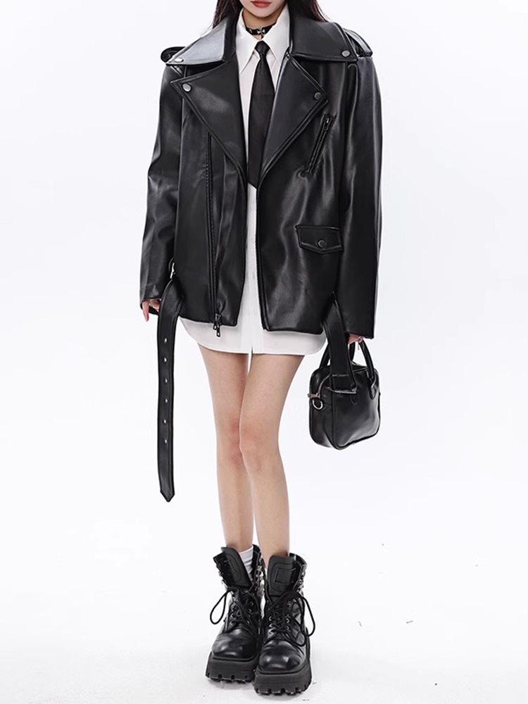Leather Coat Women's Loose Motorcycle Jacket LadyShow.Store