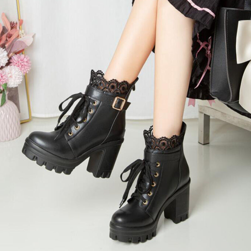 Lace Ankle Boots Lace-up Square Heeled Shoes Women White Black Boots LadyShow.Store