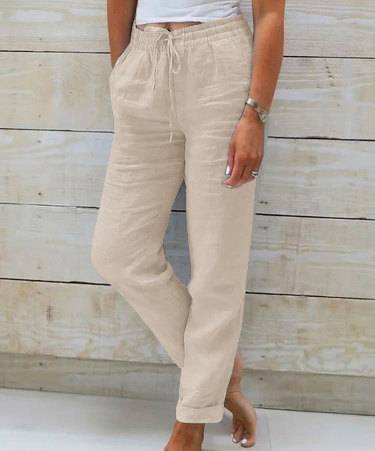Elastic Waist Solid Cotton Hemp Pants NorixaFashion.com