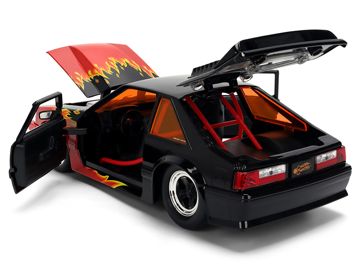 1989 Ford Mustang GT Black with Red Flame Graphics and Chester Cheetah Diecast Figure "Cheetos Flamin' Hot" "Hollywood Rides" Series 1/24 Diecast Model Car by Jada LuxuryLifeWay Online Store