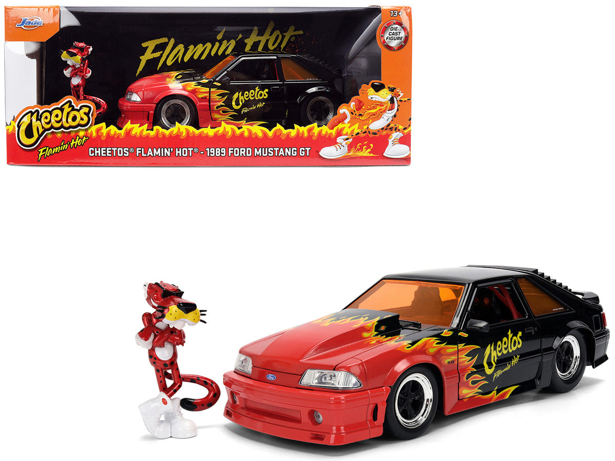 1989 Ford Mustang GT Black with Red Flame Graphics and Chester Cheetah Diecast Figure "Cheetos Flamin' Hot" "Hollywood Rides" Series 1/24 Diecast Model Car by Jada LuxuryLifeWay Online Store