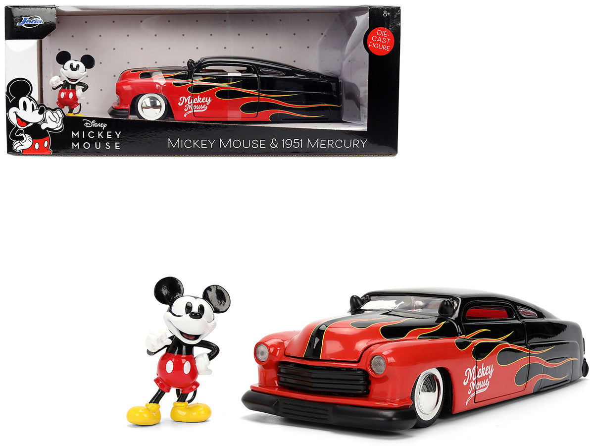 1951 Mercury Coupe Black with Flame Graphics and Red Interior and Mickey Mouse Diecast Figure "Disney's Mickey Mouse" "Hollywood Rides" Series 1/24 Diecast Model Car by Jada LuxuryLifeWay Online Store