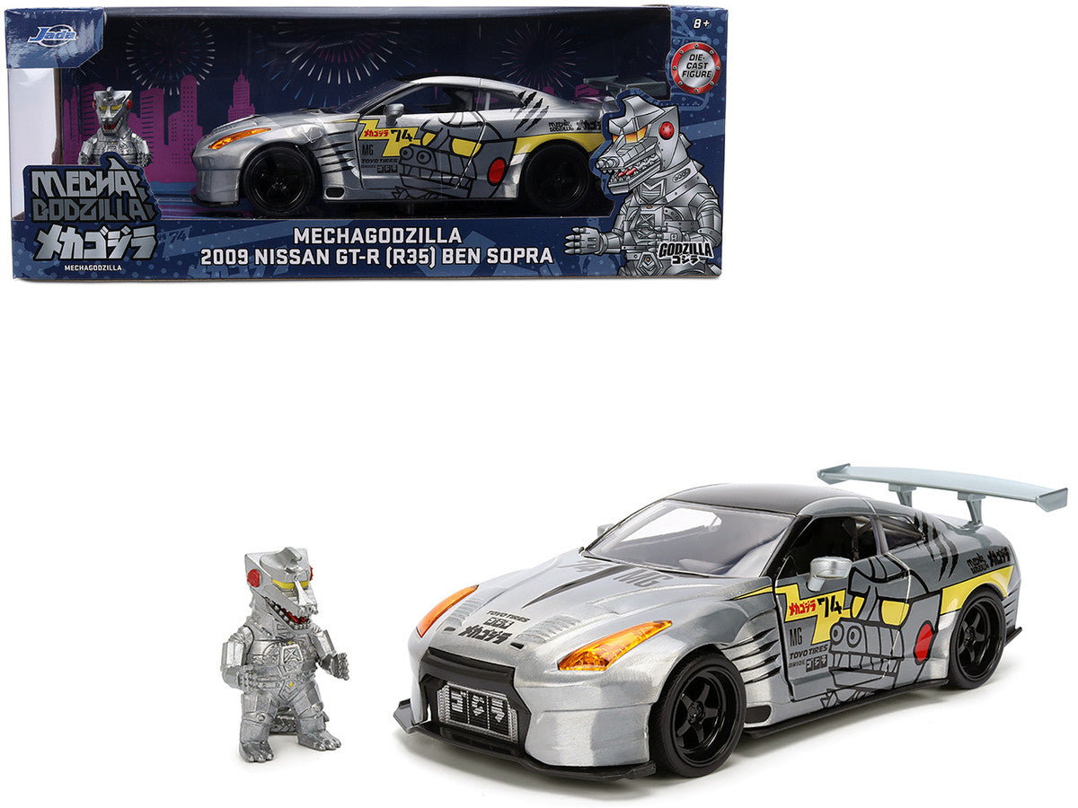 2009 Nissan GT-R (R35) Ben Sopra Brushed Metal with Black Top and Graphics and Mechagodzilla Diecast Figure "Godzilla" Franchise "Anime Hollywood Rides" Series 1/24 Diecast Model by Jada LuxuryLifeWay Online Store