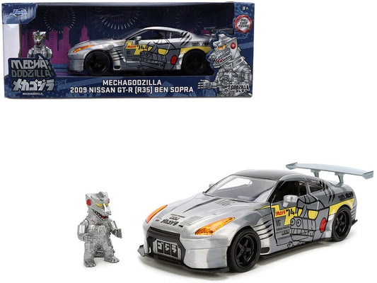 2009 Nissan GT-R (R35) Ben Sopra Brushed Metal with Black Top and Graphics and Mechagodzilla Diecast Figure "Godzilla" Franchise "Anime Hollywood Rides" Series 1/24 Diecast Model by Jada LuxuryLifeWay Online Store