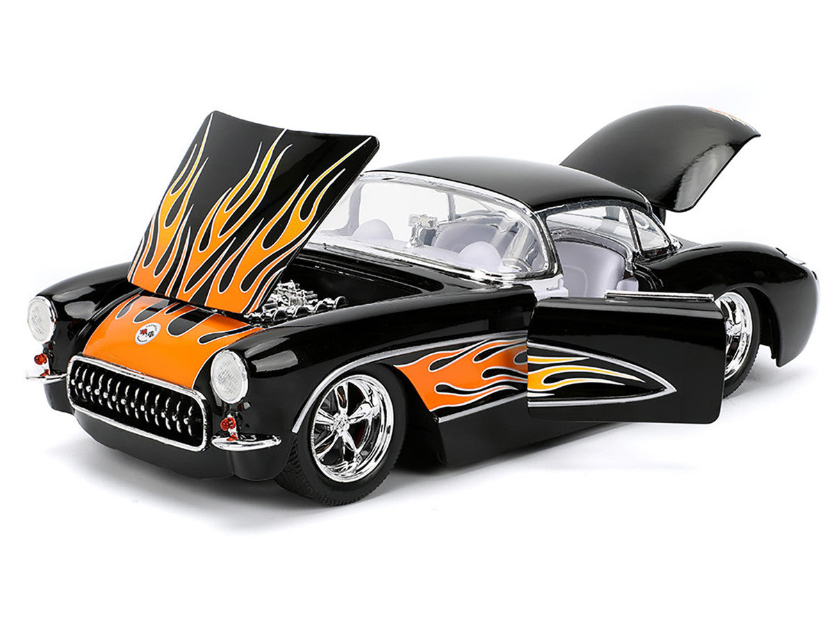 1957 Chevrolet Corvette Black with Flame Graphics and White Interior "Bigtime Muscle" Series 1/24 Diecast Model Car by Jada LuxuryLifeWay Online Store