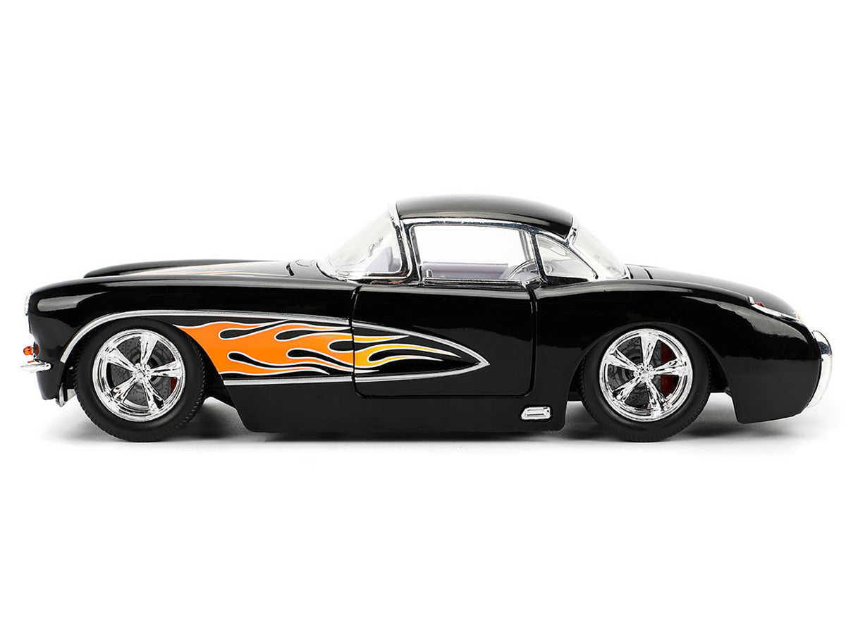 1957 Chevrolet Corvette Black with Flame Graphics and White Interior "Bigtime Muscle" Series 1/24 Diecast Model Car by Jada LuxuryLifeWay Online Store