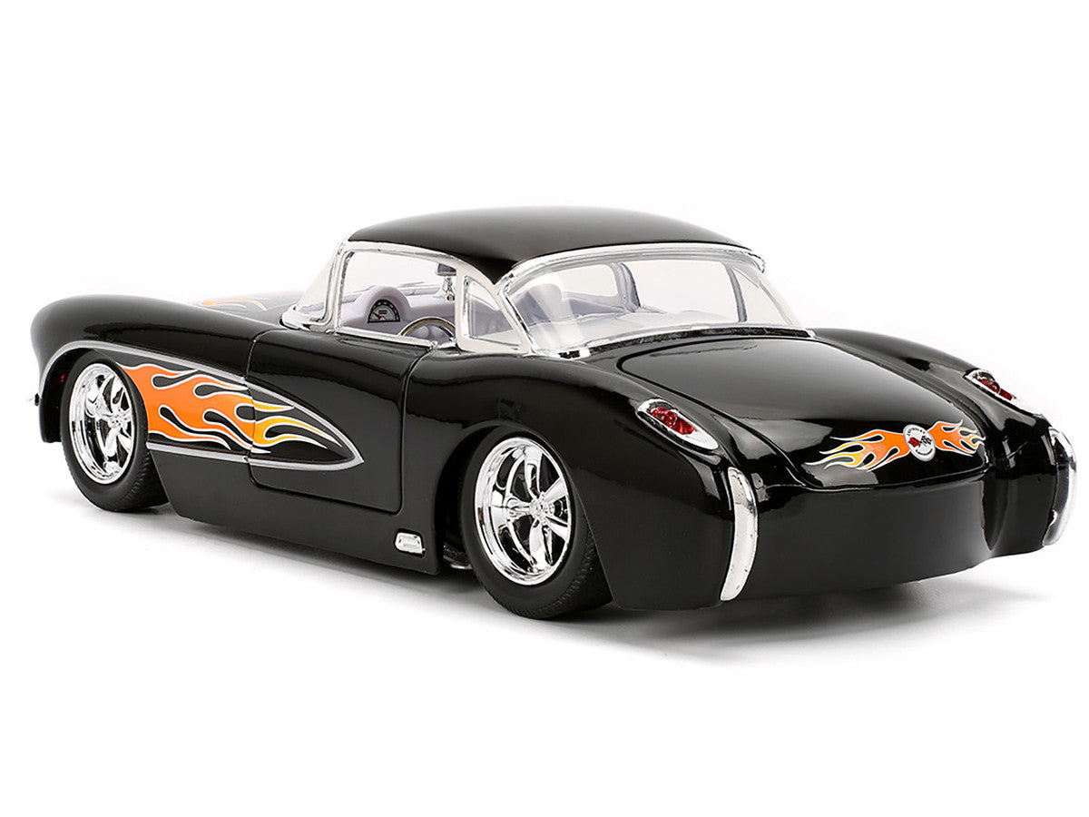 1957 Chevrolet Corvette Black with Flame Graphics and White Interior "Bigtime Muscle" Series 1/24 Diecast Model Car by Jada LuxuryLifeWay Online Store