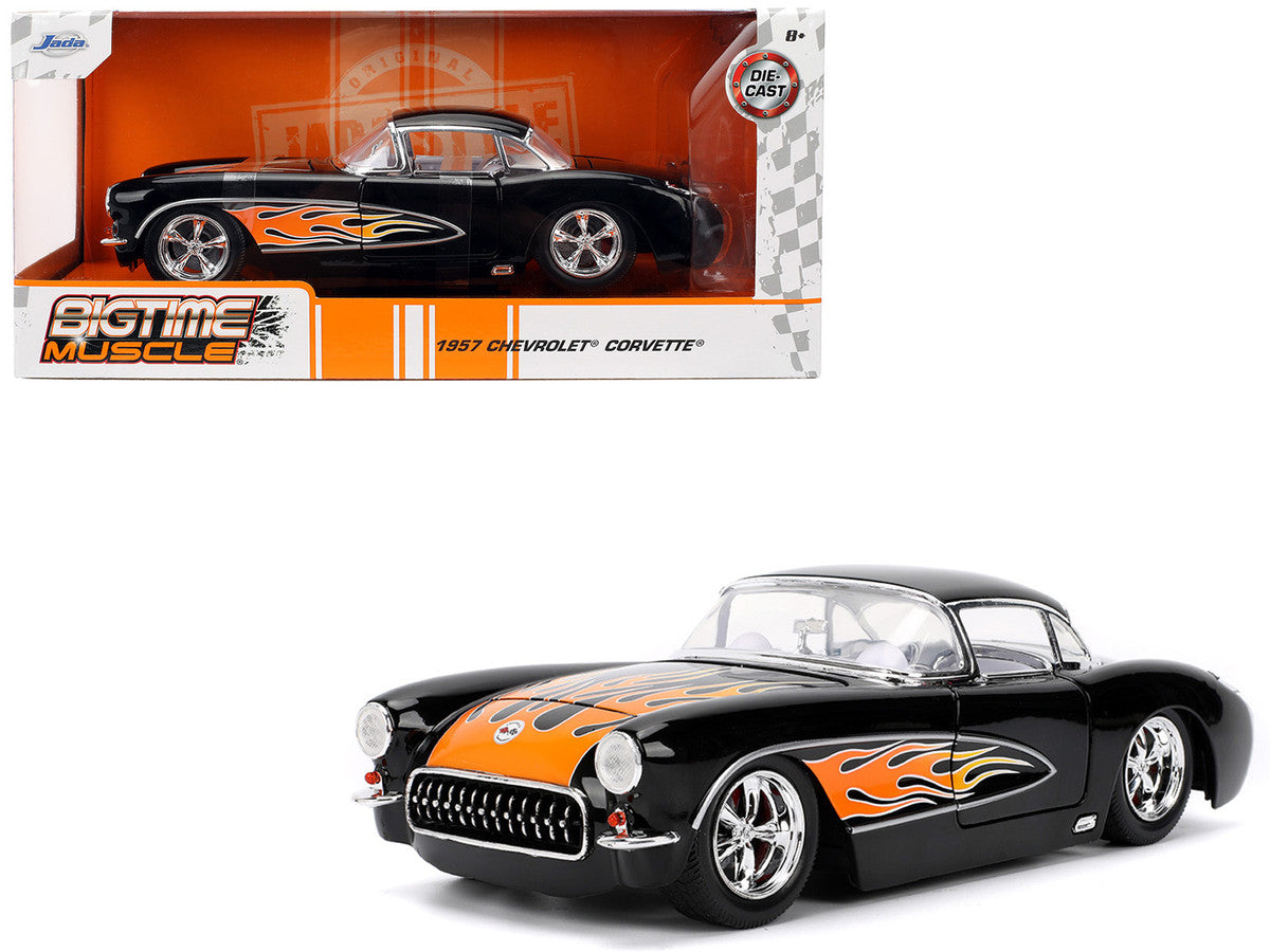 1957 Chevrolet Corvette Black with Flame Graphics and White Interior "Bigtime Muscle" Series 1/24 Diecast Model Car by Jada LuxuryLifeWay Online Store