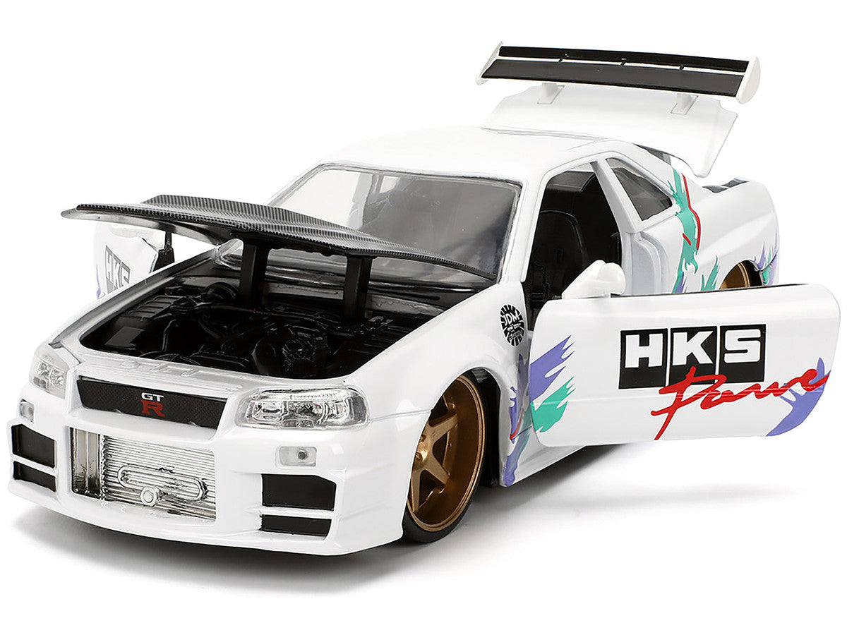 2002 Nissan Skyline GT-R (R34) RHD (Right Hand Drive) "HKS Power" White with Carbon Hood and Graphics "JDM Tuners" Series 1/24 Diecast Model Car by Jada LuxuryLifeWay Online Store