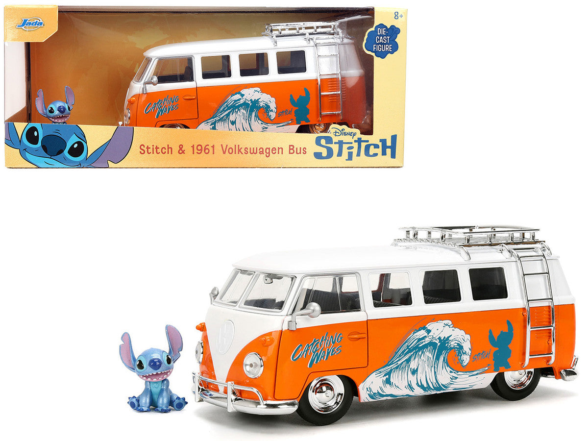 1961 Volkswagen Bus "Catching Waves" White and Orange with Stich Diecast Figure "Disney's Stitch" "Hollywood Rides" Series 1/24 Diecast Model by Jada LuxuryLifeWay Online Store