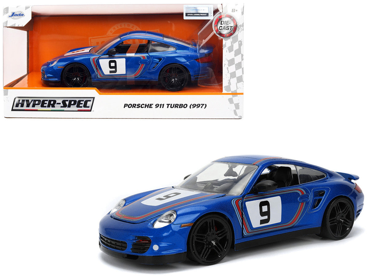 Porsche 911 Turbo (997) #9 Blue Metallic with Stripes "Hyper-Spec" Series 1/24 Diecast Model Car by Jada LuxuryLifeWay Online Store