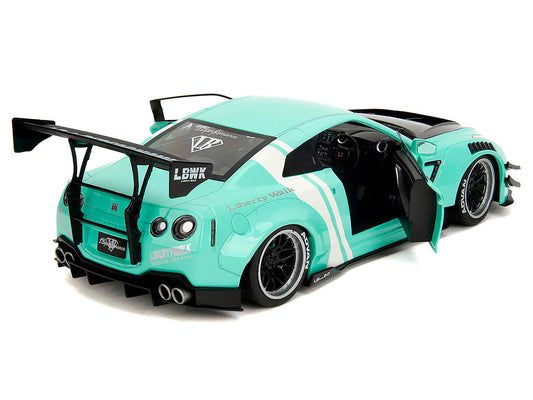 Nissan GT-R (R35) Liberty Walk Body Kit 2.0 RHD (Right Hand Drive) Light Blue with Black Hood and White Stripes "Pink Slips" Series 1/18 Diecast Model Car by Jada LuxuryLifeWay Online Store
