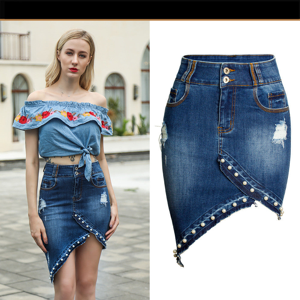 Irregular Beaded Pearl Denim Skirt Pi-Mart