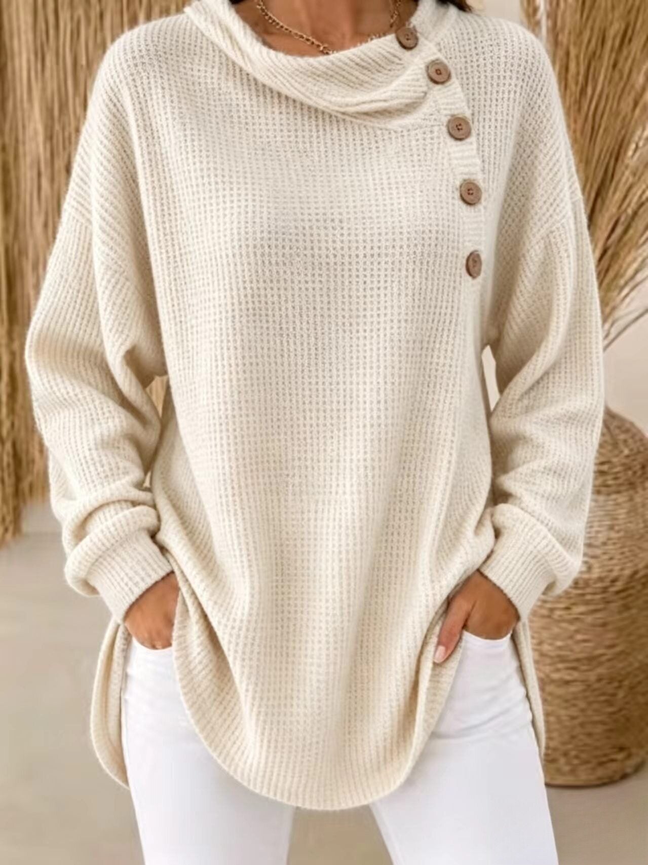 Womens Solid-Color Waffle-Weave Long-Sleeve Button-Up Casual Shirt Comfortable Top NorixaFashion.com