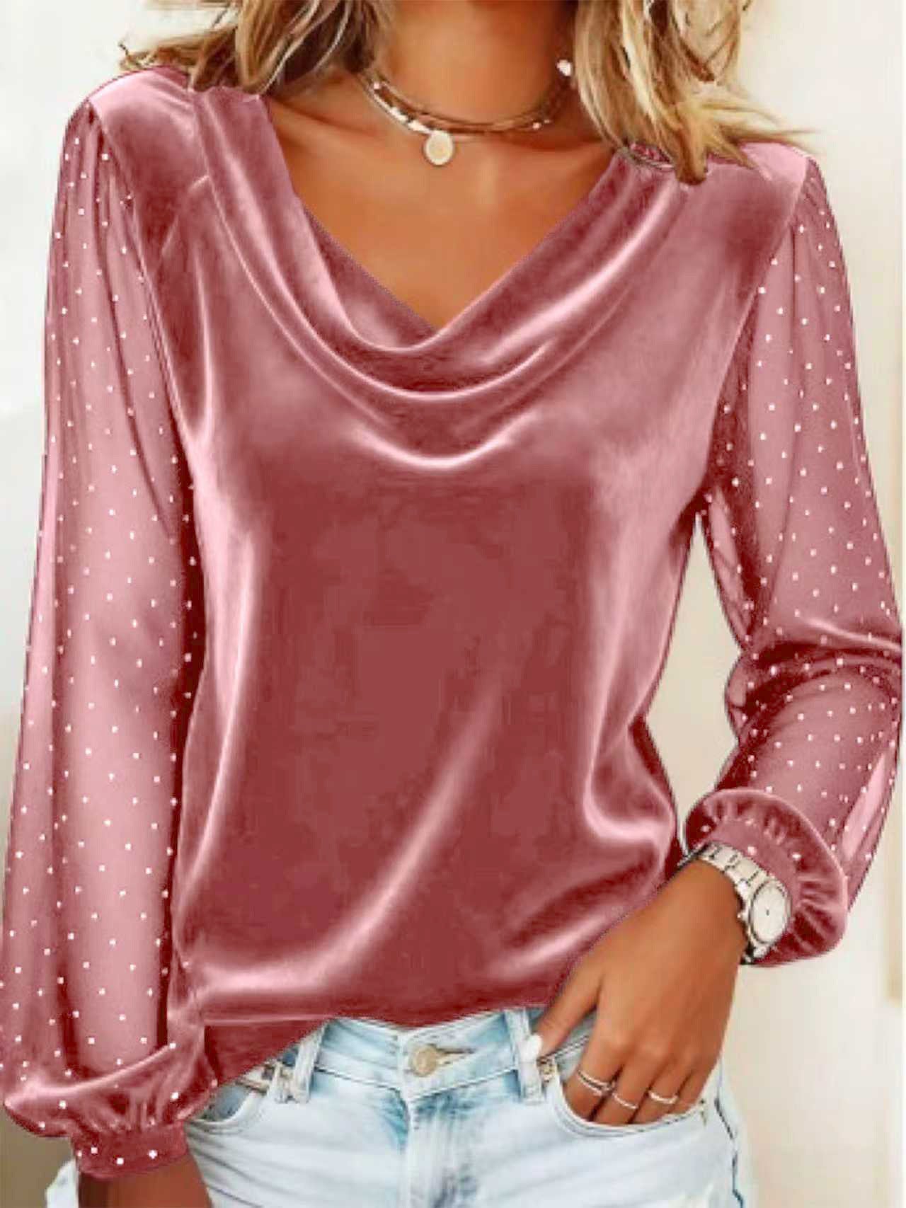 Women's Long Sleeve V-neck Velvet T-Shirt Women Elegant Diamond Mesh Sleeve Loose Tee Tops Christmas Clothes Women Shirt Red LadyShow.Store