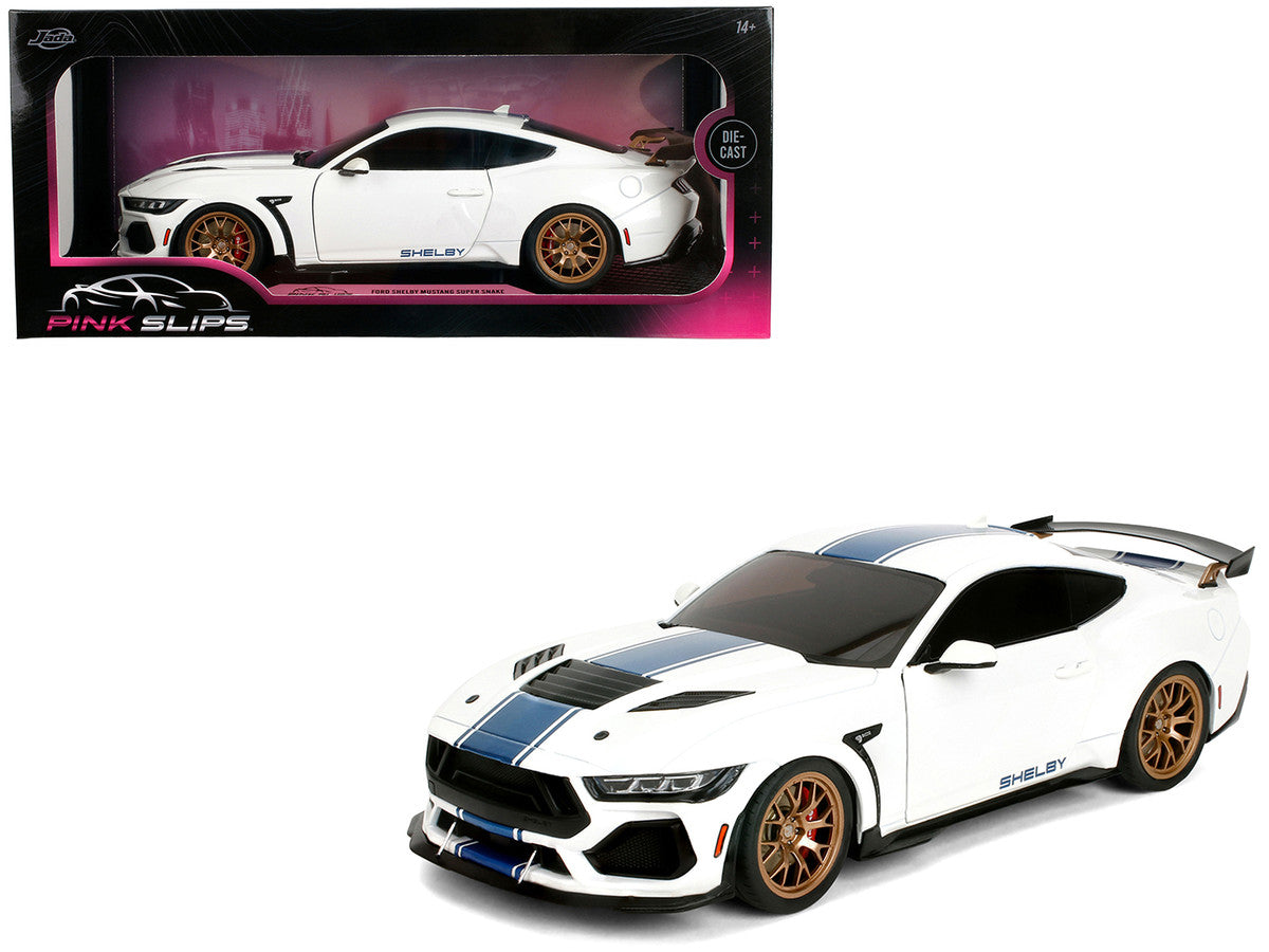 Ford Mustang Shelby Super Snake White Metallic with Blue Stripes and Gold Wheels "Pink Slips" Series 1/18 Diecast Model Car by Jada LuxuryLifeWay Online Store