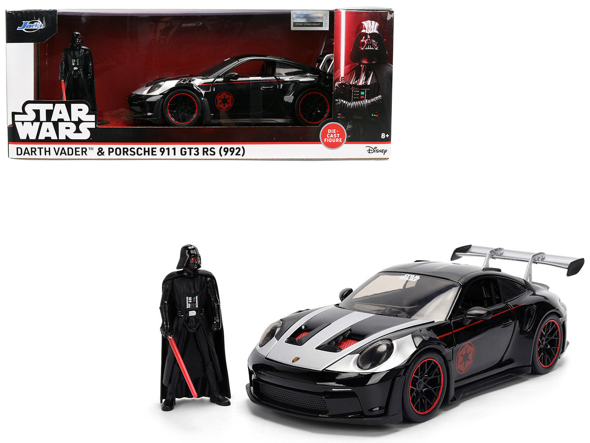 Porsche 911 GT3 RS (992) Black with Silver Hood and Graphics and Darth Vader Figure "Star Wars" Franchise "Hollywood Rides" Series 1/24 Diecast Model Car by Jada LuxuryLifeWay Online Store