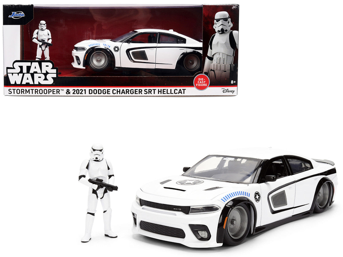 2021 Dodge Charger SRT Hellcat White with Graphics and Stormtrooper Figure "Star Wars" Franchise "Hollywood Rides" Series 1/24 Diecast Model Car by Jada LuxuryLifeWay Online Store