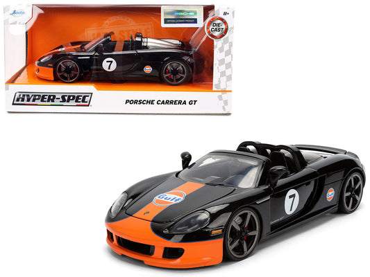 Porsche Carrera GT Convertible #7 "Gulf Oil" Black with Orange Graphics "Hyper-Spec" Series 1/24 Diecast Model Car by Jada LuxuryLifeWay Online Store