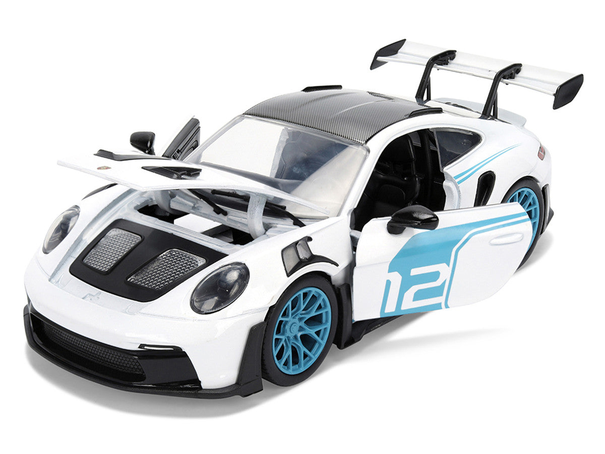 Porsche 911 GT3 RS (992) #12 White with Blue Stripes and Carbon Top "Hyper-Spec" Series 1/24 Diecast Model Car by Jada LuxuryLifeWay Online Store