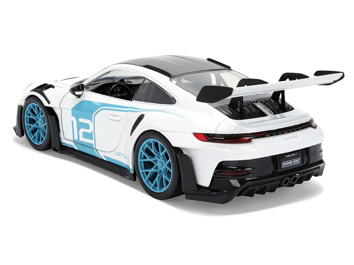 Porsche 911 GT3 RS (992) #12 White with Blue Stripes and Carbon Top "Hyper-Spec" Series 1/24 Diecast Model Car by Jada LuxuryLifeWay Online Store