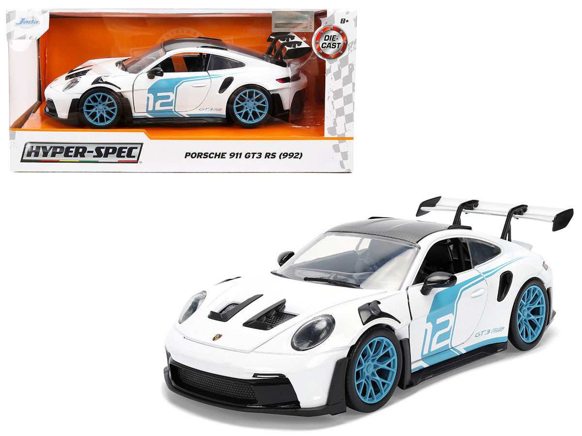 Porsche 911 GT3 RS (992) #12 White with Blue Stripes and Carbon Top "Hyper-Spec" Series 1/24 Diecast Model Car by Jada LuxuryLifeWay Online Store