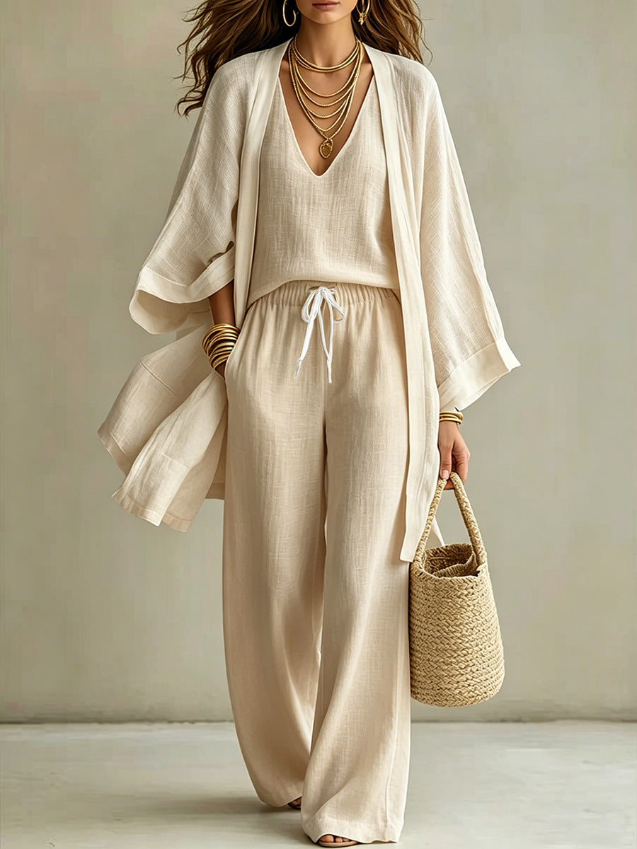 Womens Casual Three-piece Set Nine-quarter-sleeve Cardigan Sleeveless Vest And Long Pants NorixaFashion.com