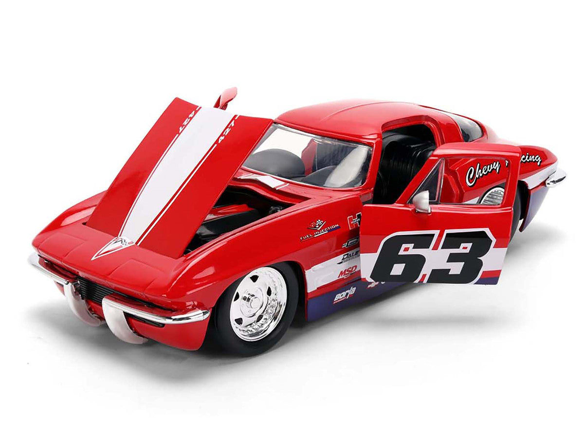 1963 Chevrolet Corvette Stingray #63 "Chevy Racing" Red with White and Blue Stripes "Bigtime Muscle" Series 1/24 Diecast Model Car by Jada LuxuryLifeWay Online Store