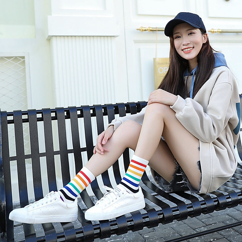 Autumn and winter new ladies in the tube socks candy-colored pinstripes cotton street skateboard tide socks high help women socks Best YouTube Store
