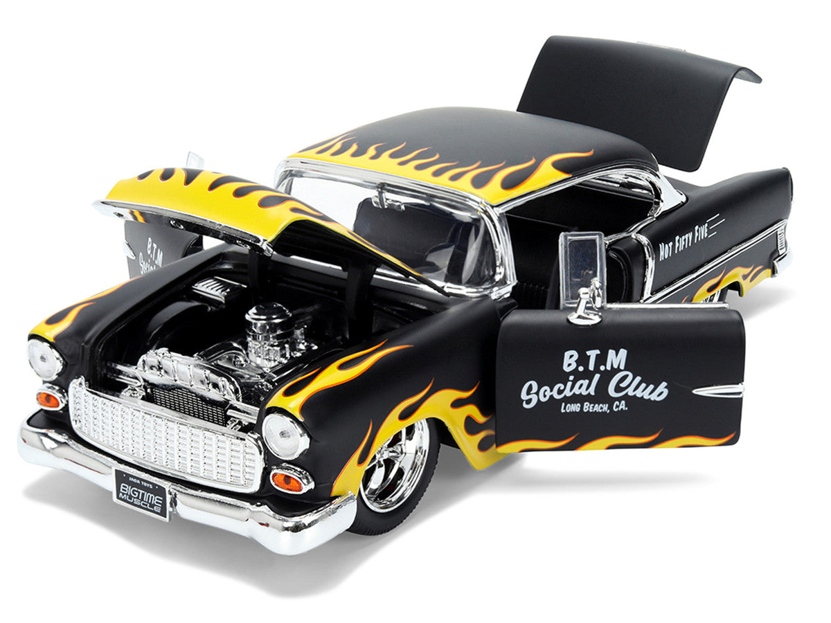 1955 Chevrolet Bel Air "BTM Social Club" Matt Black with Flames "Bigtime Muscle" Series 1/24 Diecast Model Car by Jada LuxuryLifeWay Online Store