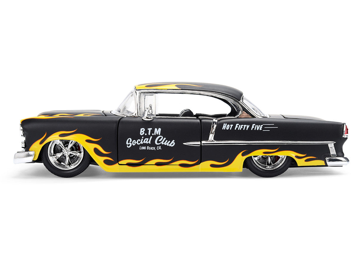 1955 Chevrolet Bel Air "BTM Social Club" Matt Black with Flames "Bigtime Muscle" Series 1/24 Diecast Model Car by Jada LuxuryLifeWay Online Store