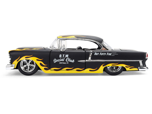 1955 Chevrolet Bel Air "BTM Social Club" Matt Black with Flames "Bigtime Muscle" Series 1/24 Diecast Model Car by Jada LuxuryLifeWay Online Store
